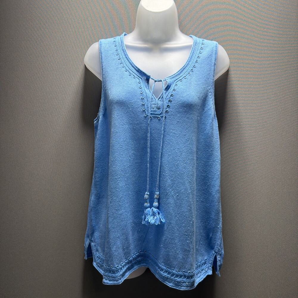 TOMMY BAHAMA 100% Linen Tie Neckline Sleeveless Embellished Top Size Large - Picture 2 of 10